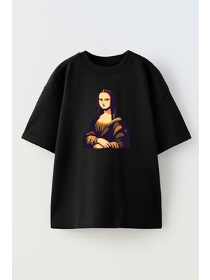 Nmg Tekstil Unisex Siyah Oversize Pamuk Monolisa Baskılı Örme T-Shirt