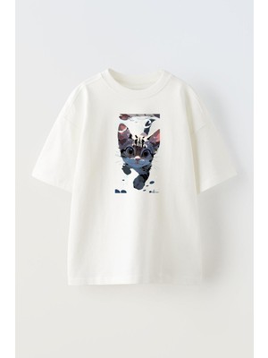 Nmg Tekstil Unisex Beyaz Oversize Pamuk Yüzen Kedi Baskılı Örme T-Shirt