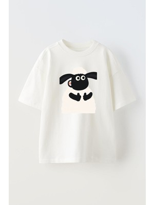 Nmg Tekstil Unisex Beyaz Oversize Pamuk Kuzu Çizgi Karakter Baskılı Örme T-Shirt