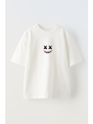 Nmg Tekstil Unisex Beyaz Oversize Pamuk Çarpı Göz Gülücük Baskılı Örme T-Shirt