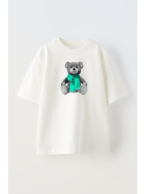 Nmg Tekstil Unisex Beyaz Oversize Pamuk Gri Oyuncak Ayı Baskılı Örme T-Shirt
