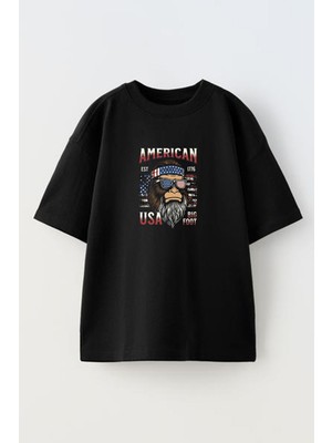 Nmg Tekstil Unisex Siyah Oversize Pamuk American Maymun Baskılı Örme T-Shirt