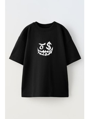 Nmg Tekstil Unisex Siyah Oversize Pamuk Dolar Tek Göz Gülücük Baskılı Örme T-Shirt