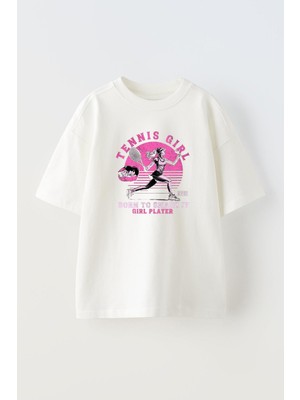 Nmg Tekstil Unisex Beyaz Oversize Pamuk Tennis Girl Pembe Baskılı Örme T-Shirt