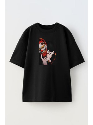 Nmg Tekstil Unisex Siyah Oversize Pamuk Anime Kız Joker Baskılı Örme T-Shirt
