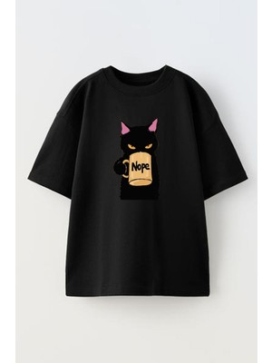 Nmg Tekstil Unisex Siyah Oversize Pamuk Nope Kedi Baskılı Örme T-Shirt