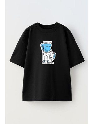 Nmg Tekstil Unisex Siyah Oversize Pamuk Iam Dogtor Baskılı Örme T-Shirt