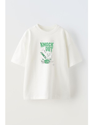 Nmg Tekstil Unisex Beyaz Oversize Pamuk Knock Out Kaykay Baskılı Örme T-Shirt