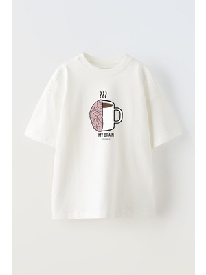 Nmg Tekstil Unisex Beyaz Oversize Pamuk My Brain Coffee Baskılı Örme T-Shirt