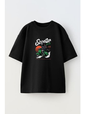 Nmg Tekstil Unisex Siyah Oversize Pamuk Scooter Kurukafa Baskılı Örme T-Shirt