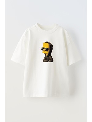 Nmg Tekstil Unisex Beyaz Oversize Pamuk Siyah Kapşunlu Çocuk Sipson Baskılı Örme T-Shirt