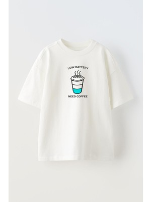 Nmg Tekstil Unisex Beyaz Oversize Pamuk Low Battary Coffee Baskılı Örme T-Shirt