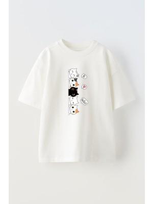 Nmg Tekstil Unisex Beyaz Oversize Pamuk 5 Kedicik Baskılı Örme T-Shirt