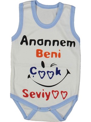 by BebekOdam Beyaz Mavi Biyeli Anaannem Beni Seviyor Yazılı Askılı Zıbın
