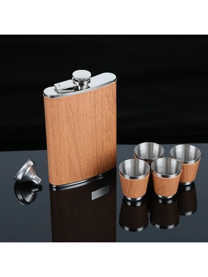 Elifeshop Lüks Suni Deri Kaplama Paslanmaz Çelik Içki Matarası Avcı Kamp Outdoor Hediye Seti Matarası 270 Ml.