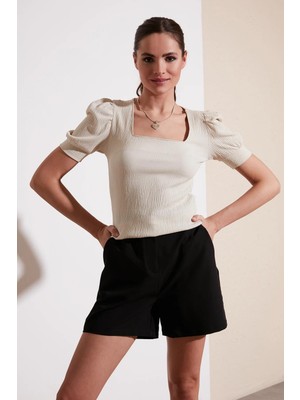 Tena Moda Kadın Taş Balon Kol Kare Bürümcük Kumaş Bluz