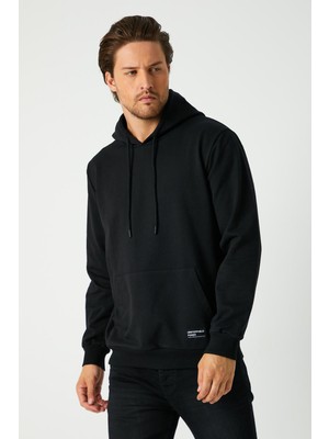Comeor Erkek Siyah Basic Kapüşonlu Regular Fit Normal Kesim 2 Iplik Kumaş Günlük Sweatshirt