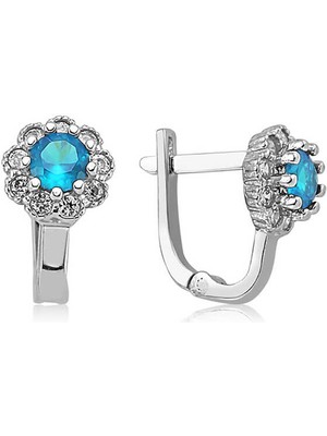 Mevafa Gümüş Turkuaz Çiçek Desenli Yuvarlak J Kadın Küpe