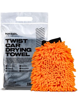Nasiol-SET 22-Mikrofiber Araç Kurulama Havlusu 60x90cm ve Peluş Yıkama Eldiveni Seti Yüksek Emici Özellik
