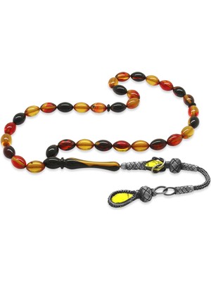 Gümüş Hediye Al 1000 Ayar Gümüş Kazaz Püsküllü Arpa Kesim Bala-Siyah Ateş Kehribar Tesbih