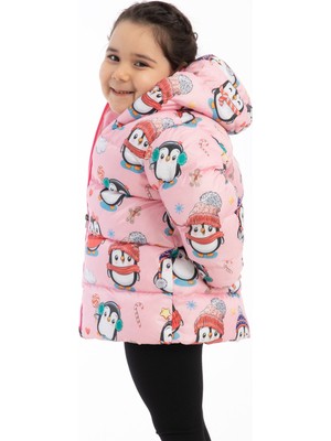 Outriver Kids Kız Çocuk Içi Polarlı Kapüşonlu Penguen Şeker Desenli Kışlık Şişme