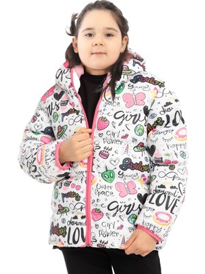 Outriver Kids Kız Çocuk Içi Polarlı Kürklü Kapüşonlu Girls Yazılı Kelebek Desenli Kışlık Şişme Mont