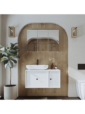 Roomart Oval Lavabolu Mat Mdf 90 cm Çekmeceli Banyo Dolabı + Aynalı Üst Dolabı