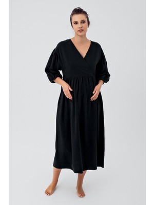 Artış Collection Keten Yarım Balon Kol Kruvaze Hamile Elbise Rahat Kesim Siyah Renk