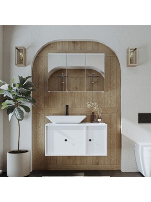 Roomart Lavabolu Mat Mdf 90 cm Çekmeceli Banyo Dolabı + Aynalı Üst Dolabı