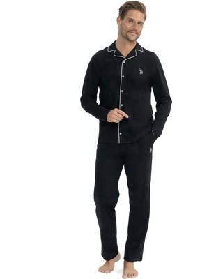 U.S. Polo Assn. 12039 Erkek Uzun Kollu Önden Düğmeli Gömlek Pijama Takım-Siyah