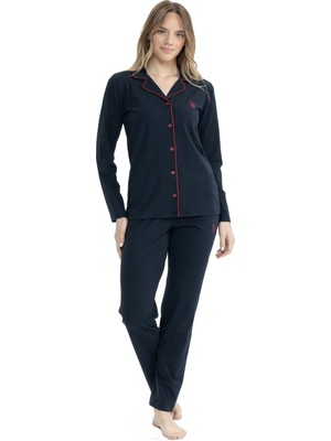 U.S. Polo Assn. 11000 Kadın Uzun Kollu Önden Düğmeli Gömlek Pijama Takım-Lacivert