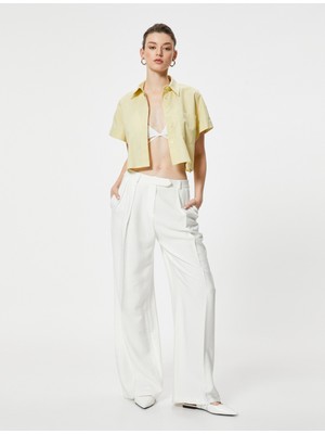 Koton Crop Gömlek Cep Detaylı Keten Pamuk Karışımlı