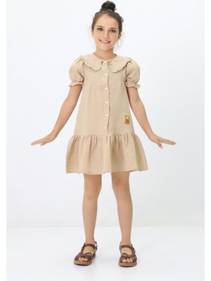 Miniğimin Cicileri Yaka Fırfırlı Müslin Kız Çocuk elbise - Kahve