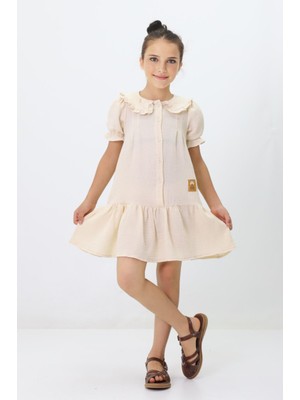 Miniğimin Cicileri Yaka Fırfırlı Müslin Kız Çocuk elbise - Krem