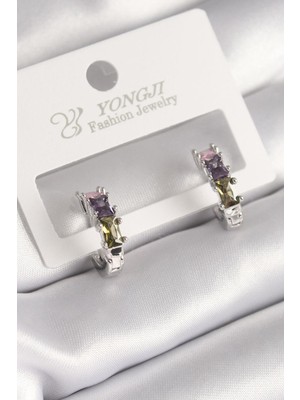 E-Bijuteri Pirinç Gümüş Renk Zirkon Taşlı Kadın Küpe