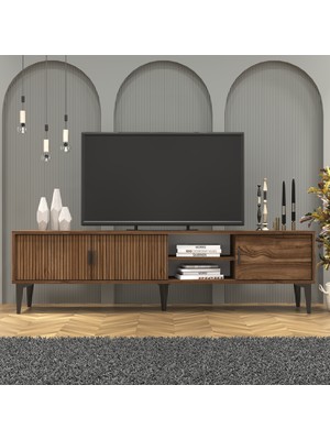 Cool Home Marin Tv Ünitesi 180 cm - Orta Sehpa Seti  Çizgi Desenli , Raflı , Ceviz (Sandık)