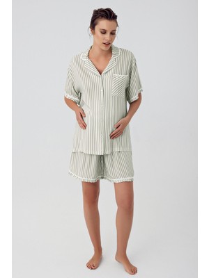 Artış Collection Çizgili Düğmeli Kısa Kollu Esnek Viskon Şortlu Hamile Pijama Takımı 16204