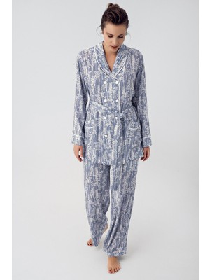 Artış Collection Desenli Düğmeli Uzun Kollu Kimono Esnek Viskon Pijama Takımı 16205