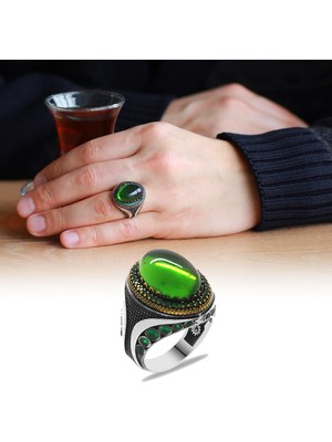 Gümüş Hediye Al Yeşil Zirkon Taşlı Mikro Zirkon Taş Mıhlamalı Oval Tasarım 925 Ayar Gümüş Erkek Yüzük
