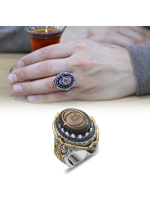 Gümüş Hediye Al Mavi Sıkma Kehribar Üzerine Hüsn-I Hat Ayet-El Kürsi Yazılı 925 Ayar Gümüş Erkek Yüzük