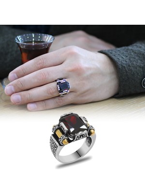 Gümüş Hediye Al Kırmızı Baget Taşlı Avangarde Tasarım 925 Ayar Gümüş Şah Cihan Yüzüğü