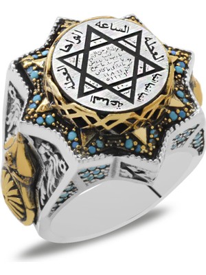 Gümüş Hediye Al Mavi Sıkma Kehribar Üzerine Mühr-I Süleyman Işlemeli Mikro Turkuaz Taş Süslemeli Yıldız Tasarım 925 Ayar Gümüş Erkek Yüzük