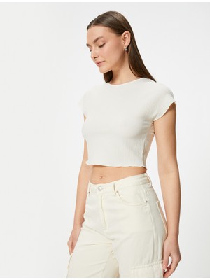 Koton Crop Tişört Dokulu Kısa Kollu Bisiklet Yaka