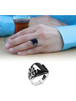 Gümüş Hediye Al Markazit Taş Işlemeli Siyah Bombeli Oniks Taşlı 925 Ayar Gümüş Erkek Yüzük