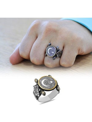 Gümüş Hediye Al Otantik Tasarım Ayyıldız Motifli 925 Ayar Gümüş Erkek Yüzük