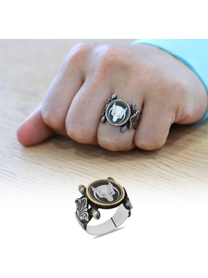 Gümüş Hediye Al Otantik Tasarım Hilal Detaylı Bozkurt Motifli 925 Ayar Gümüş Erkek Yüzük