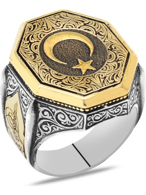 Gümüş Hediye Al Tuğra Detaylı Ayyıldız Motifli 925 Ayar Gümüş Erkek Yüzük