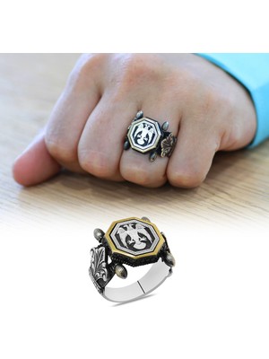 Gümüş Hediye Al Otantik Tasarım Siyah Zirkon Taşlı Selçuklu Kartalı Işlemeli 925 Ayar Gümüş Erkek Yüzük
