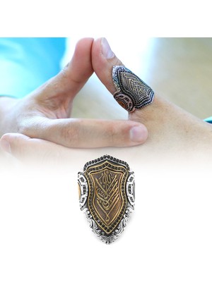 Gümüş Hediye Al Siyah Zirkon Taşlı Mıhlamalı Arapça "allah" Yazılı 925 Ayar Gümüş Erkek Okçu (Zihgir) Yüzüğü