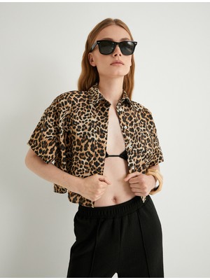 Koton Crop Leopar Gömlek Oversize Kısa Kollu Cepli